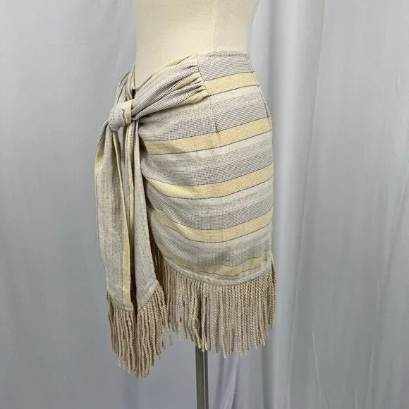 NWT Just Bee Queen Charlie Mini Skirt XS Yellow Striped Fringed Sarong - Picture 8 of 11
